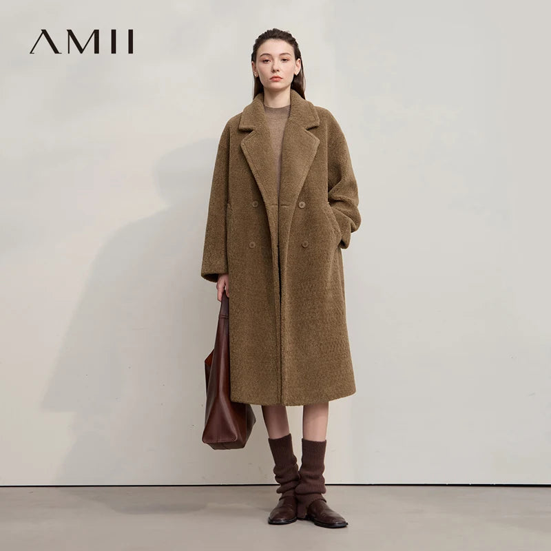 Amii 2025 Winter Minimalist Double-Breasted Women's Fur Coat – Loose, Warm & Elegant Long Jacket
