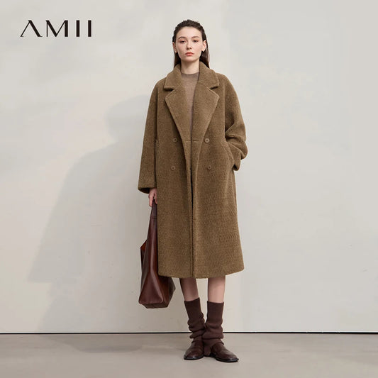 Amii 2025 Winter Minimalist Double-Breasted Women's Fur Coat – Loose, Warm & Elegant Long Jacket