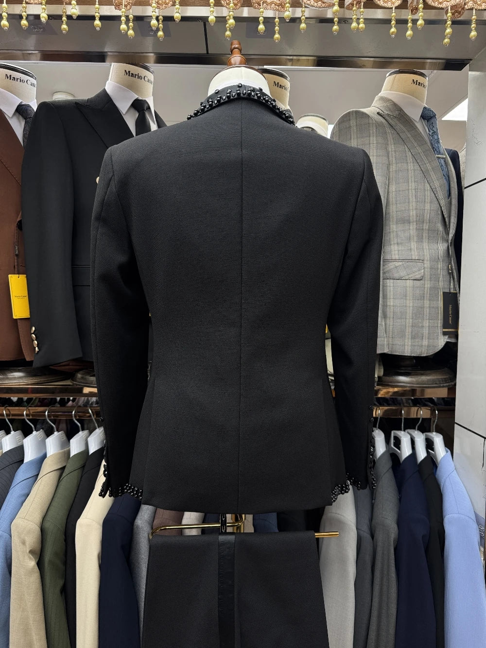 Black Beaded Tuxedo for Men – 2-Piece Shawl Lapel Suit with Matching Pants, Fast Shipping