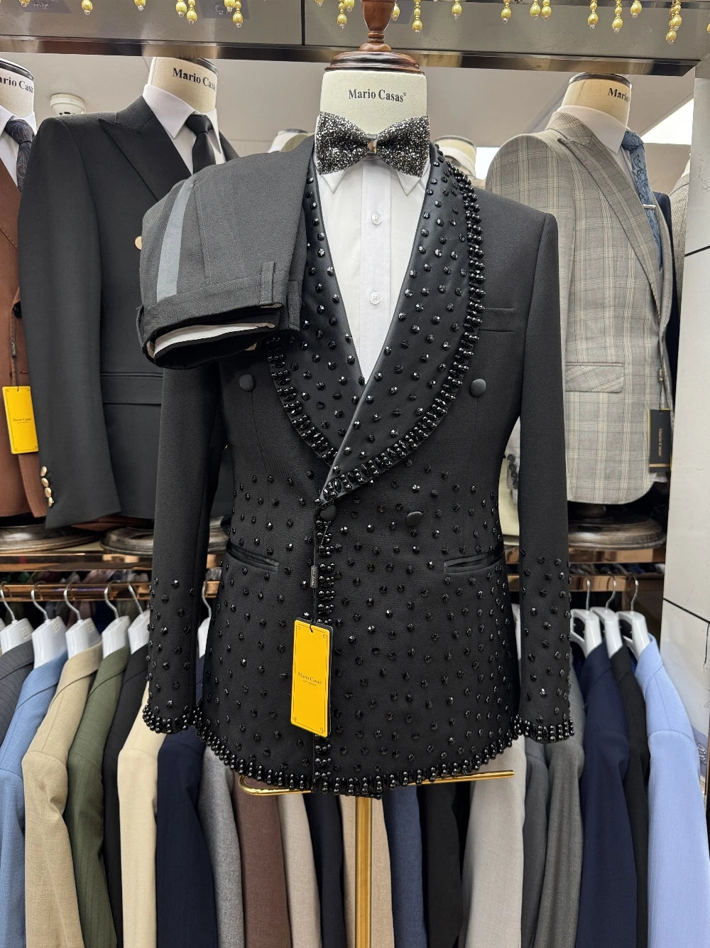 Black Beaded Tuxedo for Men – 2-Piece Shawl Lapel Suit with Matching Pants, Fast Shipping