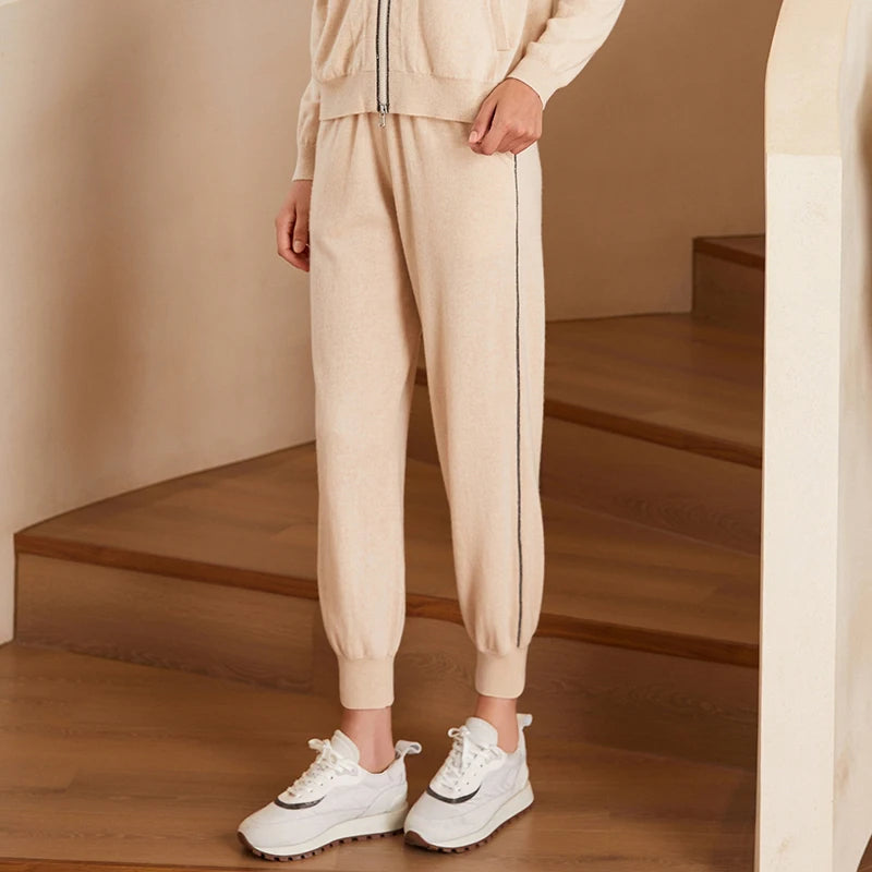 BC-210 Luxury Clothes Elastic Waist Solid Color Casual 100% Cashmere Trousers For Women  Women's Pants & Trousers