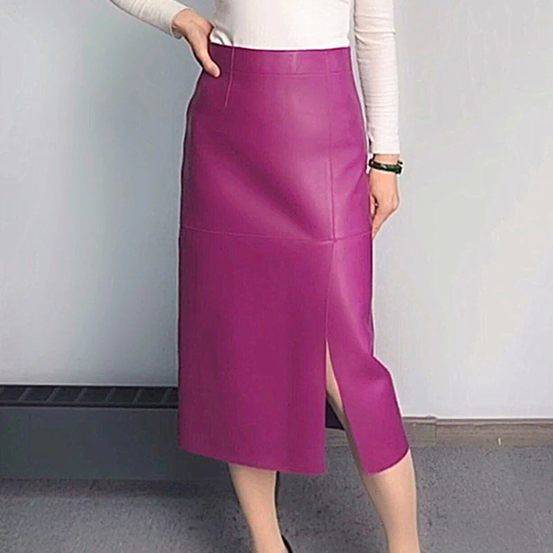 Leather Clothes for Women Streetwear 100% Sheepskin Sexy Split Simple Wrapped Slim Fit Long Jupe Sliver Fuchsia Cute Etek Kadın