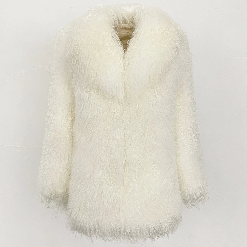 MENINA 2025 Autumn Winter Clothes Women Fashion Warm Mongolian Fur Jacket Mid-length Natural Fur Coat Black Real Fur Overcoat