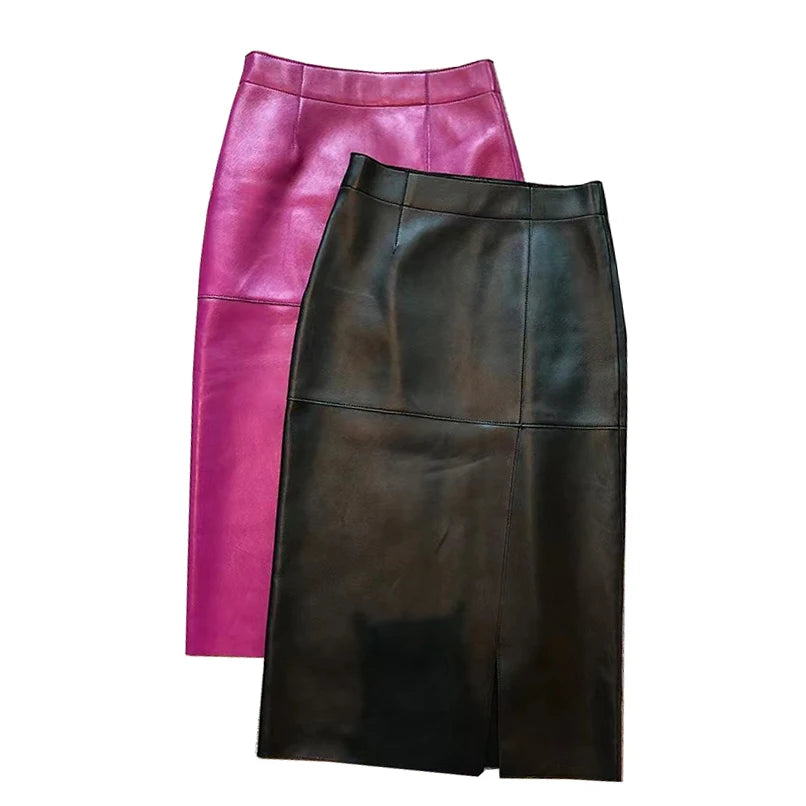 Leather Clothes for Women Streetwear 100% Sheepskin Sexy Split Simple Wrapped Slim Fit Long Jupe Sliver Fuchsia Cute Etek Kadın