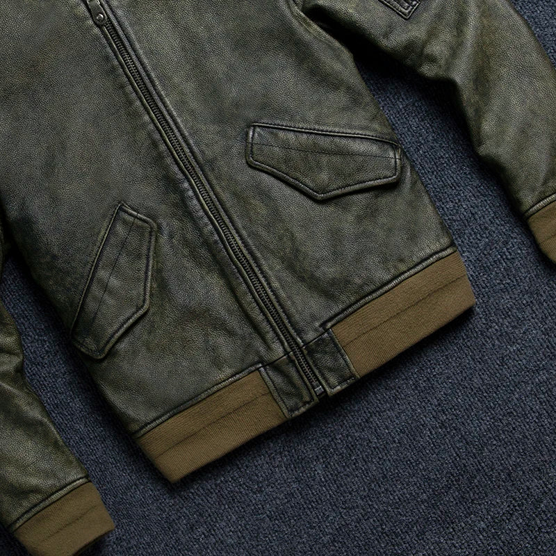2025 New Retro Men's Leather Jacket Spring Army Green MA1 Flight Suit Natural Cowhide Short Coat Motorcycle Riding Clothes