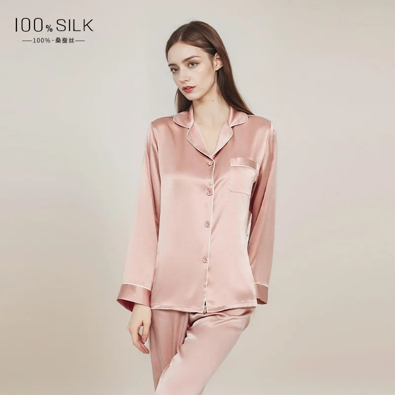 Summer New Real Silk Pajamas Women's Long-sleeved Trousers 100% Mulberry Silk Cool Home Clothes Suit 2 PCS Solid Color Sleepwear