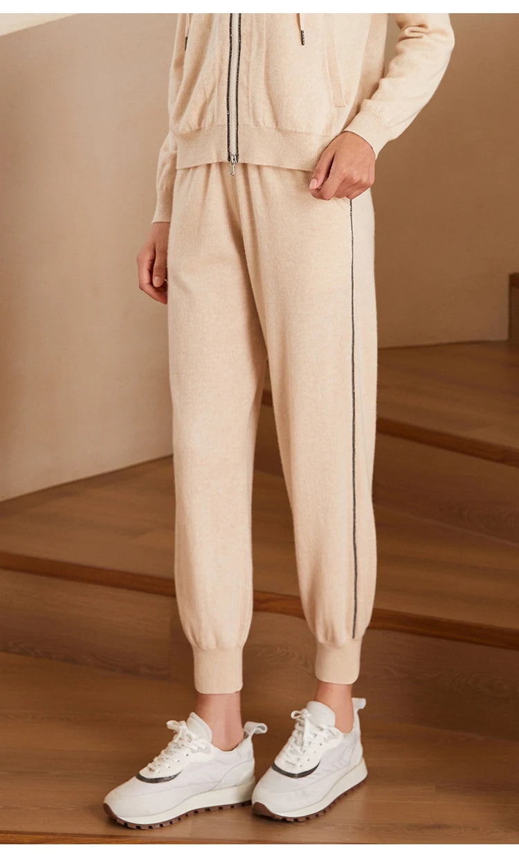 BC-210 Luxury Clothes Elastic Waist Solid Color Casual 100% Cashmere Trousers For Women  Women's Pants & Trousers