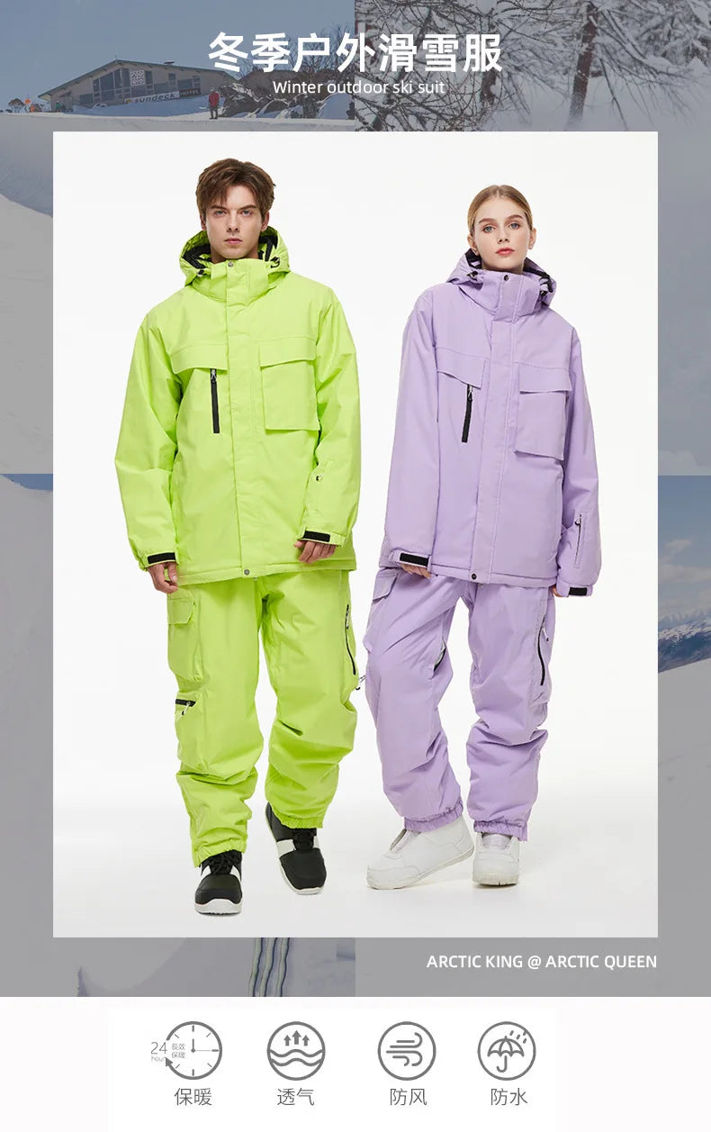 New Men Women Snow Clothes Snowboarding Suit Winter Windproof Waterproof Warm Ski Suit for Couple Jacket Pants Set Multi Color