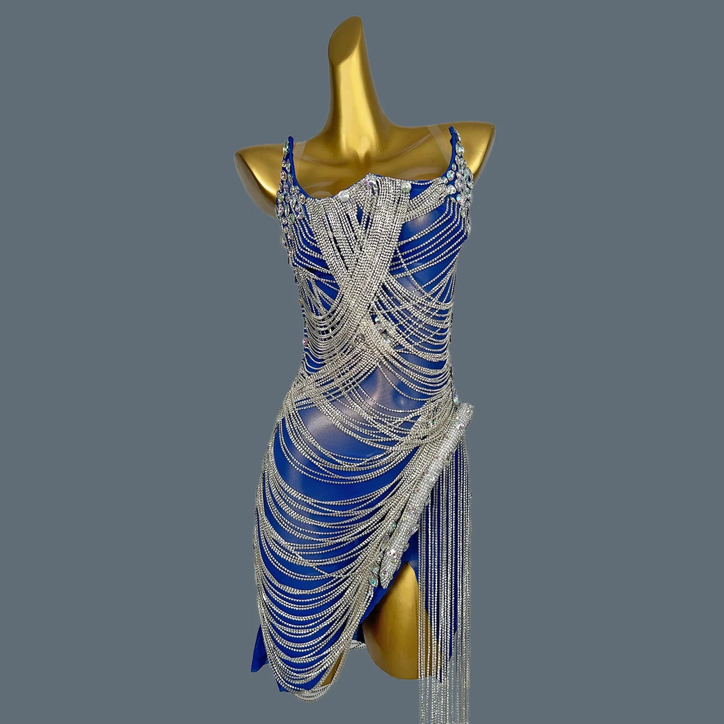 Bling Crystal Chain Diamonds Dress for Women Elastic Sexy Tassel Mini Dress Nightclub Show Wear Birthday Prom Dress Tassel Luoli