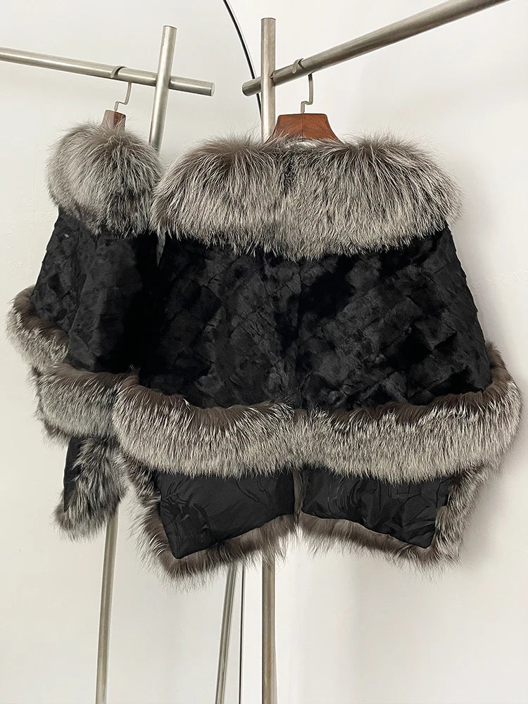 OFTBUY New Winter Thickened Warm Clothes Women Natural Mink Fur Cape Coat Female Real Fox Fur Sleeveless Shawl Jacket Outerwear