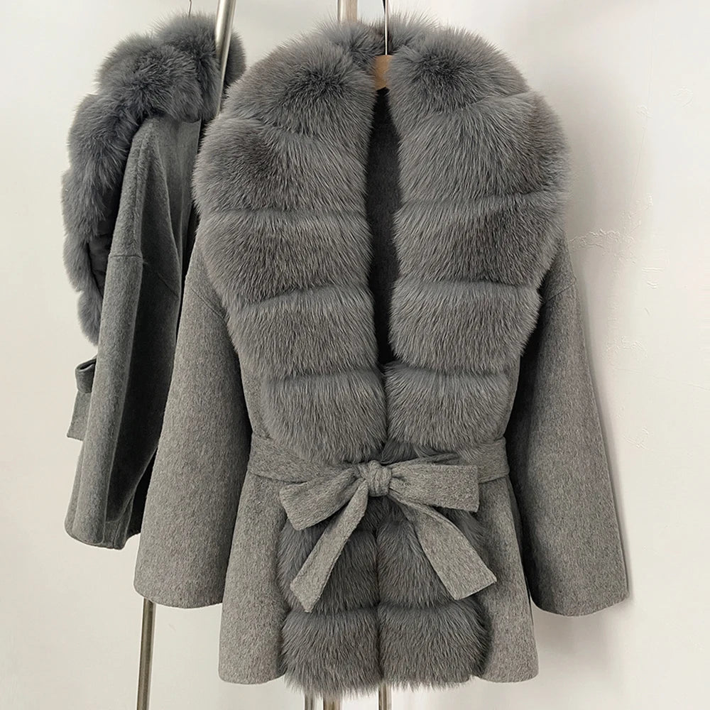 Wool Blend Jacket Female New Fox Fur Coat Autumn Woolen Coat Winter Warm Real Fur Collar Women Warm Clothes for Women wool
