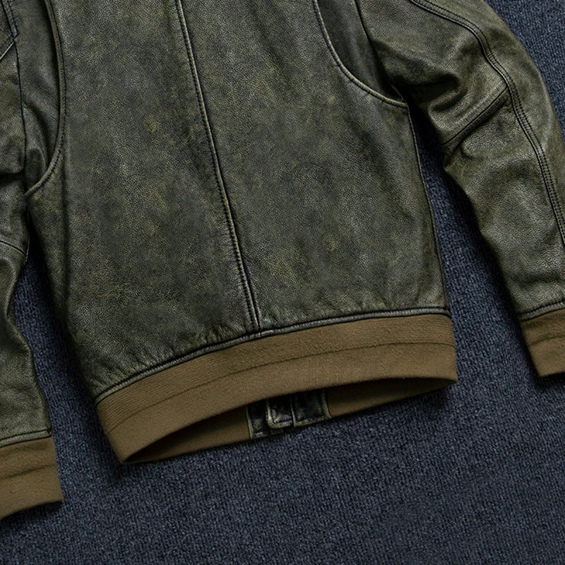2025 New Retro Men's Leather Jacket Spring Army Green MA1 Flight Suit Natural Cowhide Short Coat Motorcycle Riding Clothes