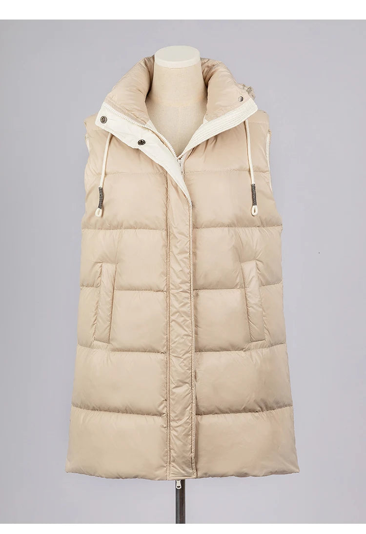 CA-39 In Stock Hooded Zip Covered Button Sleeveless Clothes White Duck Down Puffer Jacket Vest Down Vest Puffer Vest