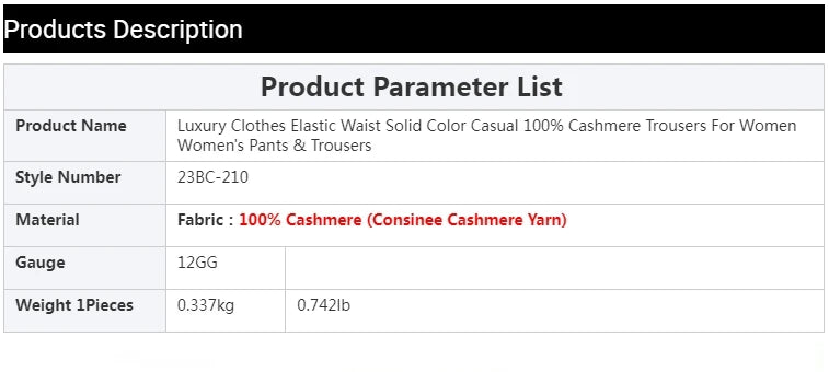 BC-210 Luxury Clothes Elastic Waist Solid Color Casual 100% Cashmere Trousers For Women  Women's Pants & Trousers