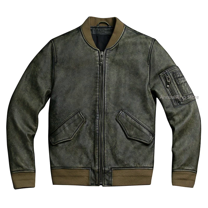 2025 New Retro Men's Leather Jacket Spring Army Green MA1 Flight Suit Natural Cowhide Short Coat Motorcycle Riding Clothes