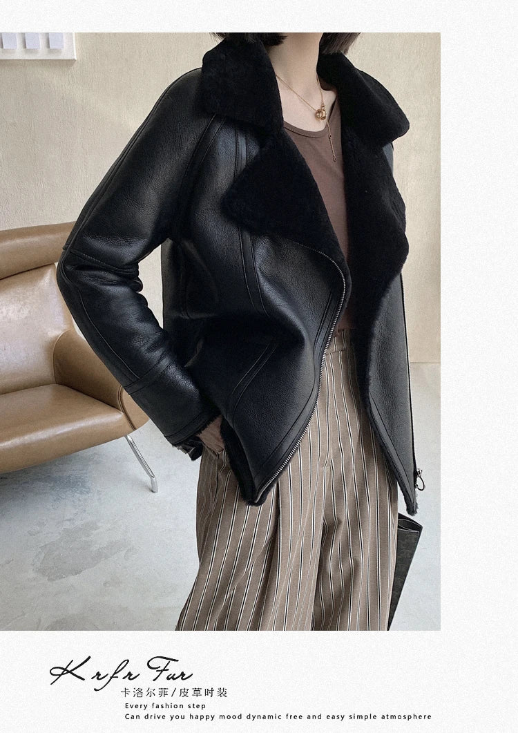 Natural Merino Sheepskin Wool Double Faced Fur Coat Women Motorcycle Leather Jacket Winter Clothes Woman 2024 дубленка женская