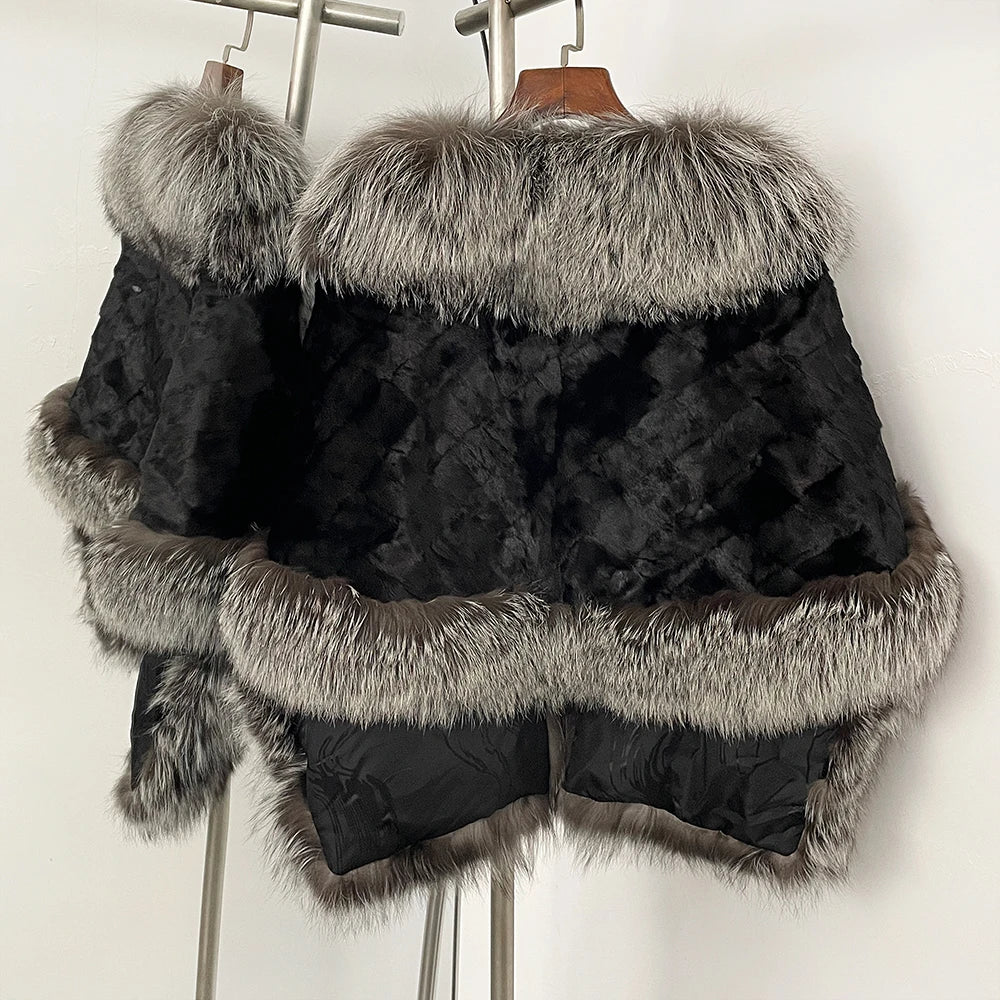 OFTBUY New Winter Thickened Warm Clothes Women Natural Mink Fur Cape Coat Female Real Fox Fur Sleeveless Shawl Jacket Outerwear