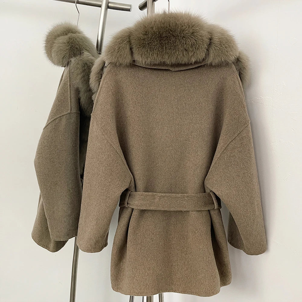 Wool Blend Jacket Female New Fox Fur Coat Autumn Woolen Coat Winter Warm Real Fur Collar Women Warm Clothes for Women wool