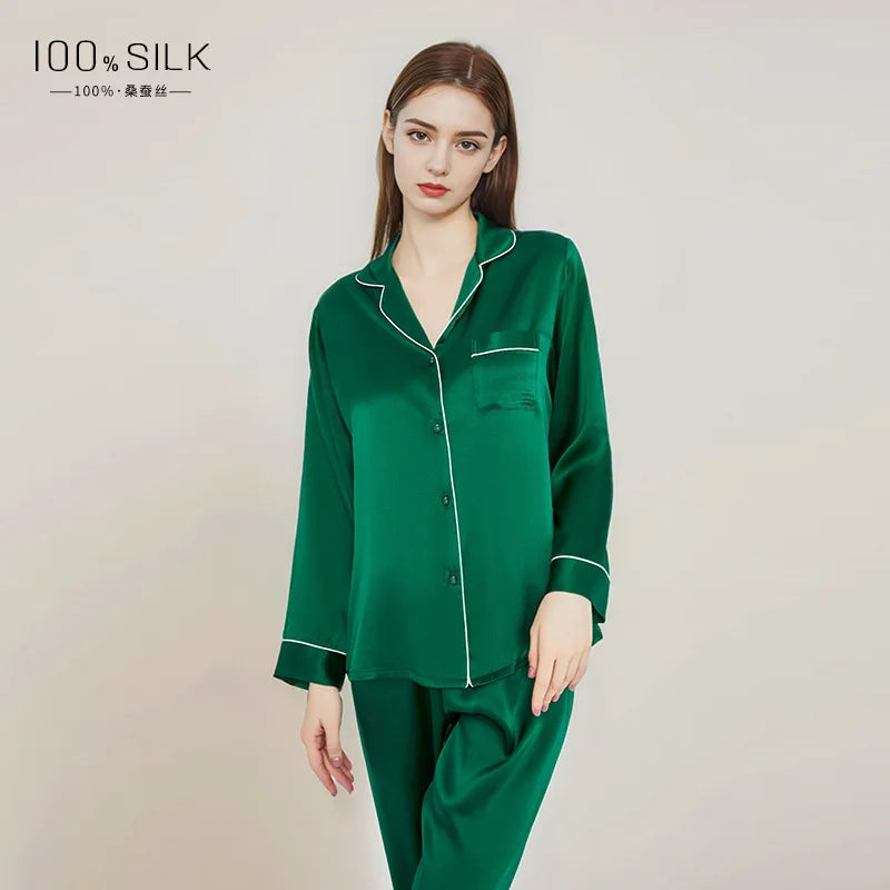 Summer New Real Silk Pajamas Women's Long-sleeved Trousers 100% Mulberry Silk Cool Home Clothes Suit 2 PCS Solid Color Sleepwear