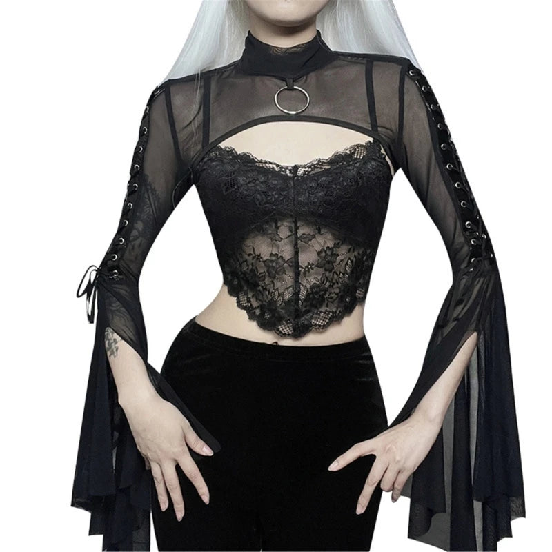 Sexy Mesh Top Flared Long Sleeve Crop Tops Y2K Harajuku Vintage Aesthetic T-shirts Gothic Women Streetwear Black
