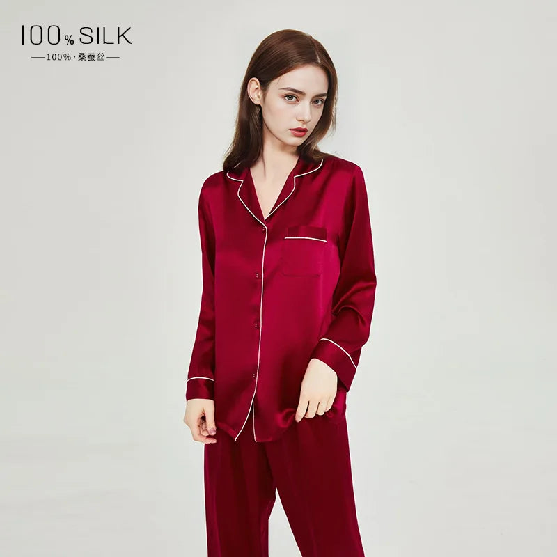 Summer New Real Silk Pajamas Women's Long-sleeved Trousers 100% Mulberry Silk Cool Home Clothes Suit 2 PCS Solid Color Sleepwear