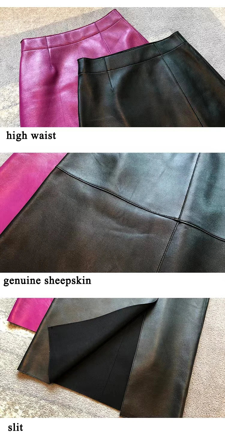 Leather Clothes for Women Streetwear 100% Sheepskin Sexy Split Simple Wrapped Slim Fit Long Jupe Sliver Fuchsia Cute Etek Kadın