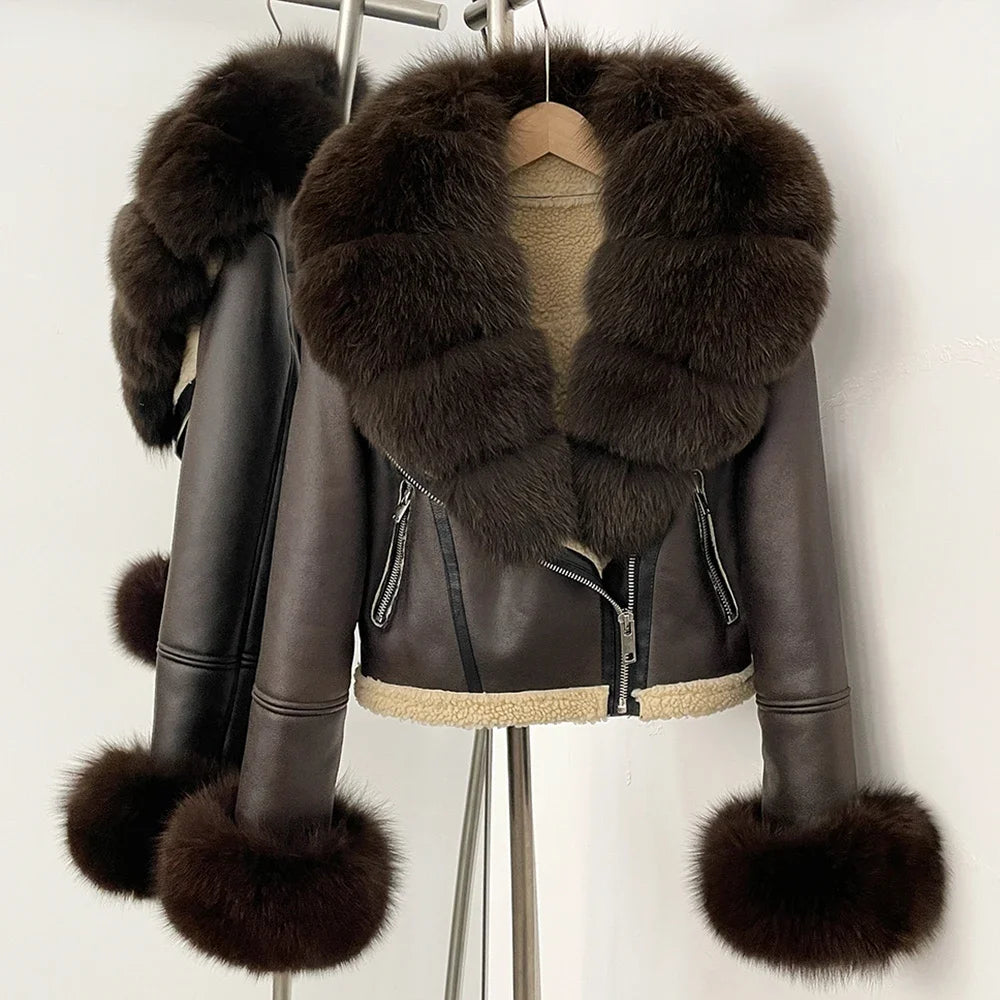 Reality Fur Jacket Winter Real Fur Cuffs Clothes Women Short Faux Leather Fake Fur Inner Jacket Female Thick Warm Fox Fur Coat
