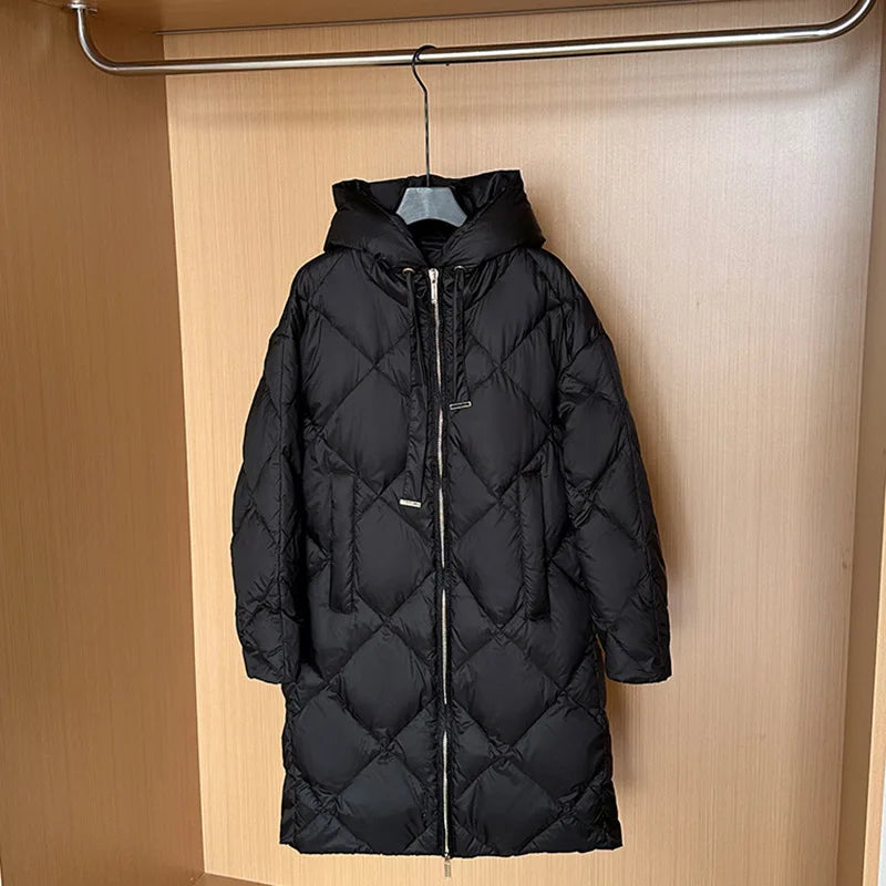 Winter New Puffer Coats Jackets for Women Simple Solid Quilted Hooded Outerwears Thick Loose Warm Mid-length Women's Down Jacket