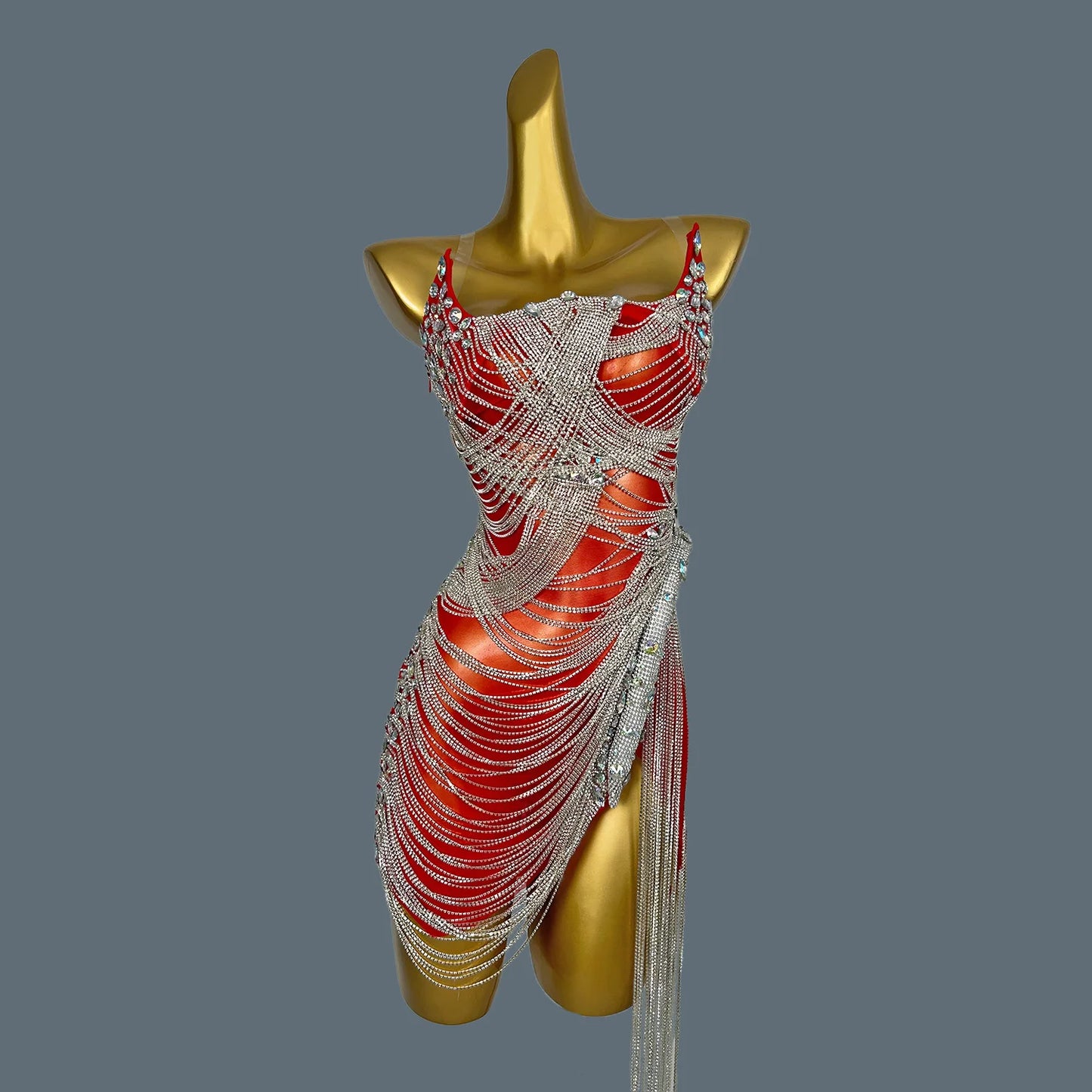 Bling Crystal Chain Diamonds Dress for Women Elastic Sexy Tassel Mini Dress Nightclub Show Wear Birthday Prom Dress Tassel Luoli