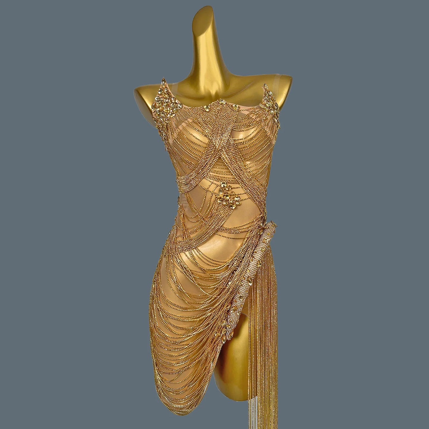 Bling Crystal Chain Diamonds Dress for Women Elastic Sexy Tassel Mini Dress Nightclub Show Wear Birthday Prom Dress Tassel Luoli