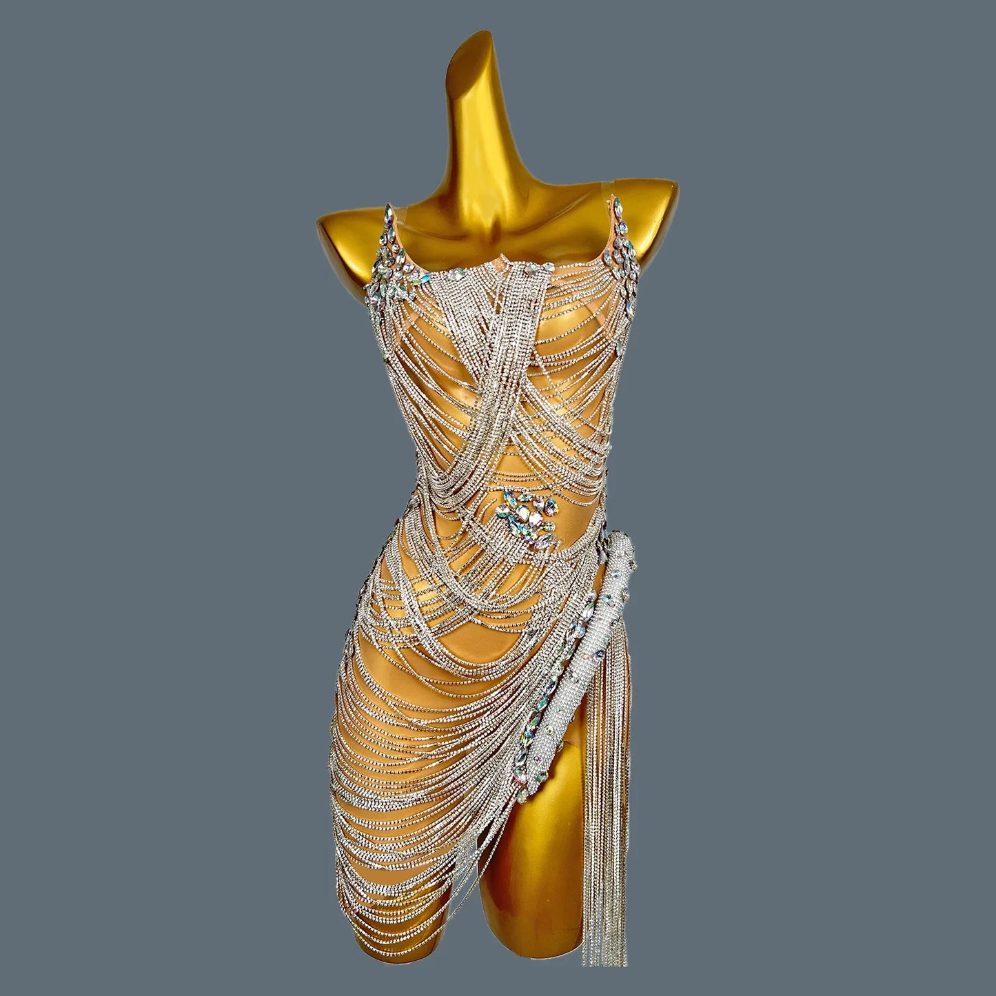 Bling Crystal Chain Diamonds Dress for Women Elastic Sexy Tassel Mini Dress Nightclub Show Wear Birthday Prom Dress Tassel Luoli