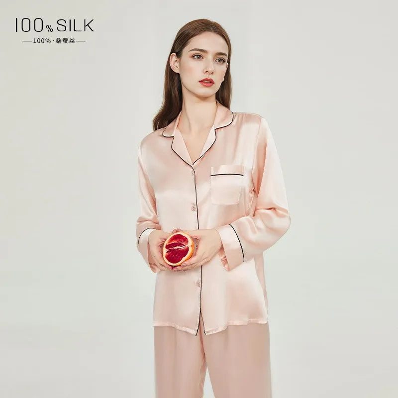 Summer New Real Silk Pajamas Women's Long-sleeved Trousers 100% Mulberry Silk Cool Home Clothes Suit 2 PCS Solid Color Sleepwear