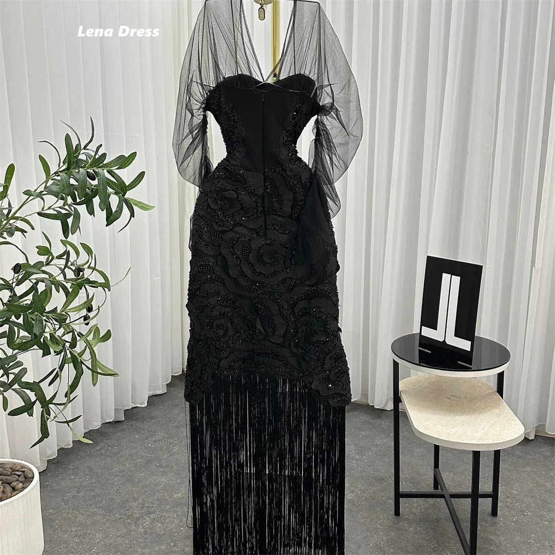 Lena Women Evening Dresses for Special Occasions Black Custom Made Evening Luxury Dress 2025 V-neck Long Sleeves Prom Clothes