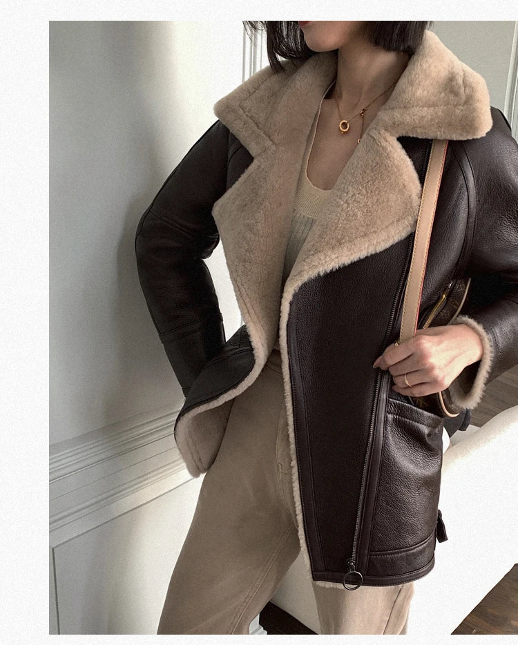 Natural Merino Sheepskin Wool Double Faced Fur Coat Women Motorcycle Leather Jacket Winter Clothes Woman 2024 дубленка женская