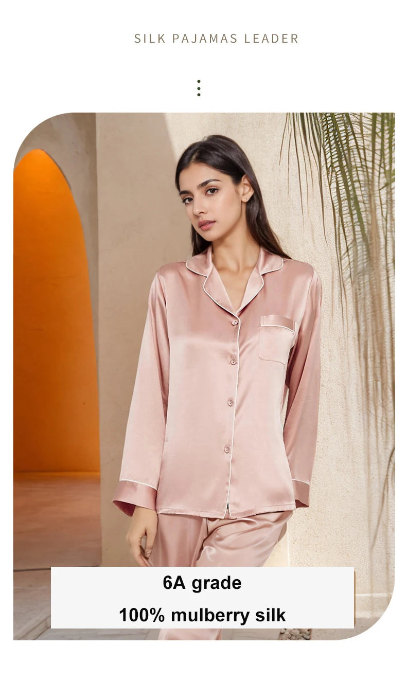 Summer New Real Silk Pajamas Women's Long-sleeved Trousers 100% Mulberry Silk Cool Home Clothes Suit 2 PCS Solid Color Sleepwear