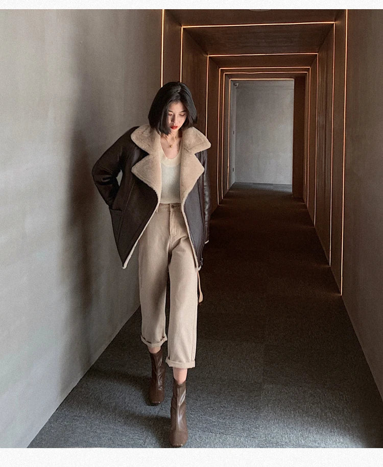 Natural Merino Sheepskin Wool Double Faced Fur Coat Women Motorcycle Leather Jacket Winter Clothes Woman 2024 дубленка женская