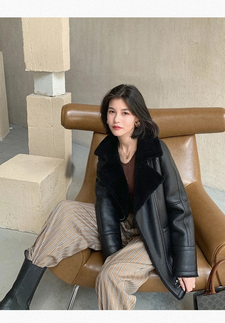 Natural Merino Sheepskin Wool Double Faced Fur Coat Women Motorcycle Leather Jacket Winter Clothes Woman 2024 дубленка женская