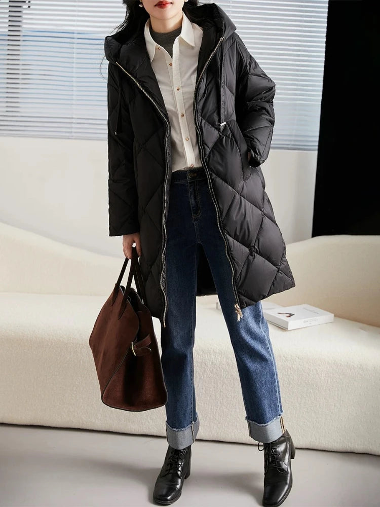 Winter New Puffer Coats Jackets for Women Simple Solid Quilted Hooded Outerwears Thick Loose Warm Mid-length Women's Down Jacket