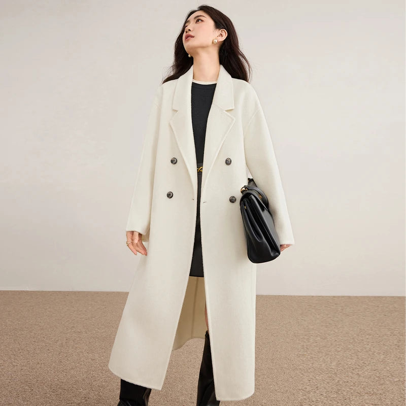 SENTUBILA Women's 100% Wool Long Coat Winter 2025 Classic Elegant Commuter Style Double-Faced Overcoat Ladies Clothes W54OA8780