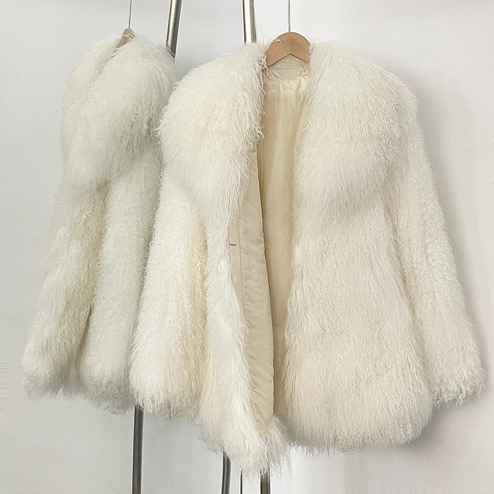 MENINA 2025 Autumn Winter Clothes Women Fashion Warm Mongolian Fur Jacket Mid-length Natural Fur Coat Black Real Fur Overcoat