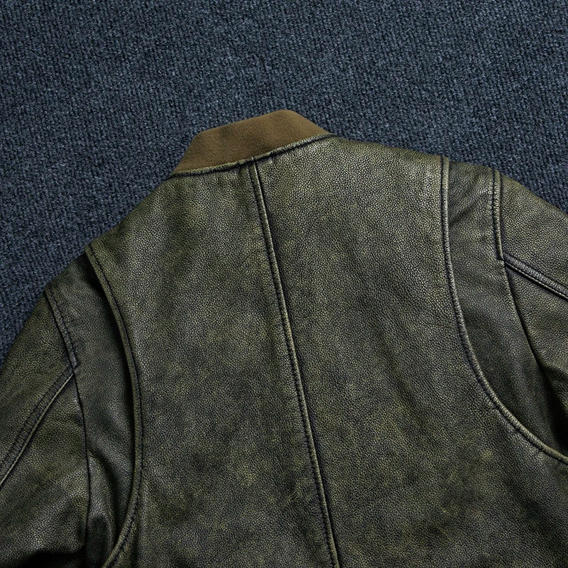 2025 New Retro Men's Leather Jacket Spring Army Green MA1 Flight Suit Natural Cowhide Short Coat Motorcycle Riding Clothes