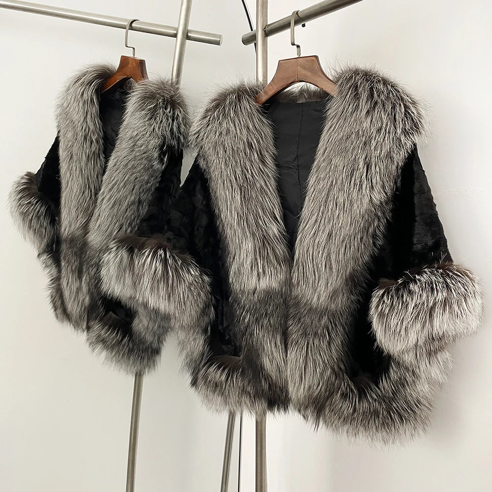 OFTBUY New Winter Thickened Warm Clothes Women Natural Mink Fur Cape Coat Female Real Fox Fur Sleeveless Shawl Jacket Outerwear