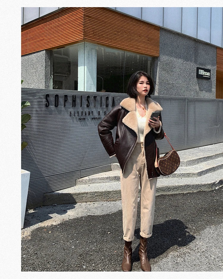 Natural Merino Sheepskin Wool Double Faced Fur Coat Women Motorcycle Leather Jacket Winter Clothes Woman 2024 дубленка женская