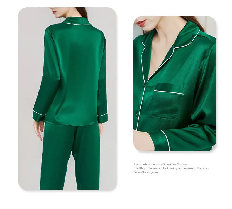 Summer New Real Silk Pajamas Women's Long-sleeved Trousers 100% Mulberry Silk Cool Home Clothes Suit 2 PCS Solid Color Sleepwear