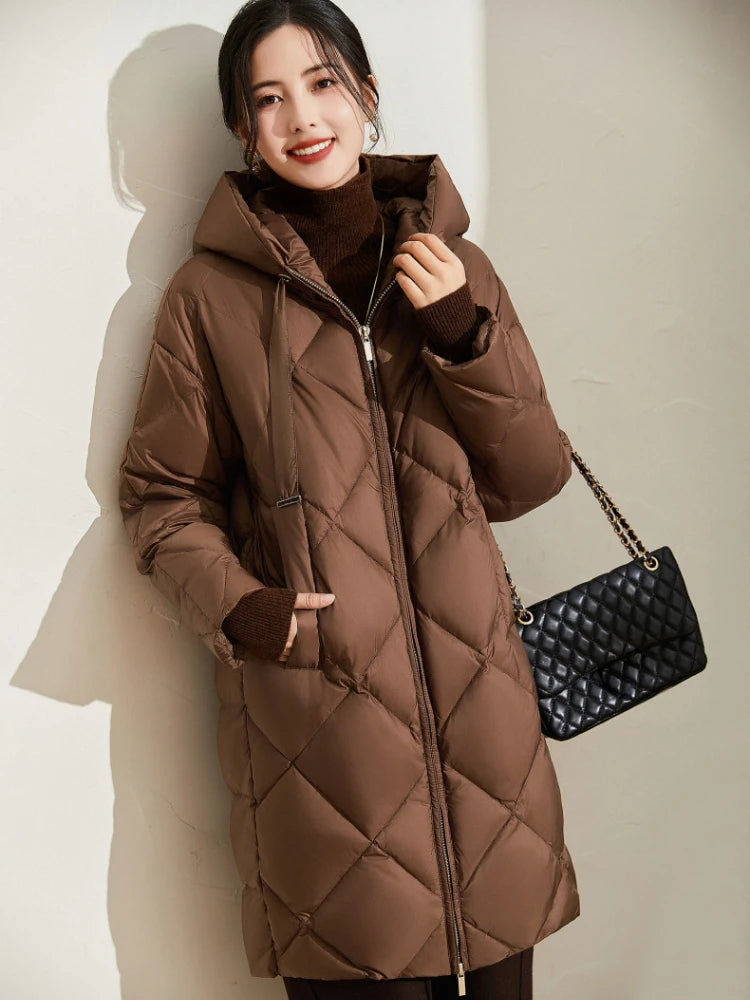 Winter New Puffer Coats Jackets for Women Simple Solid Quilted Hooded Outerwears Thick Loose Warm Mid-length Women's Down Jacket