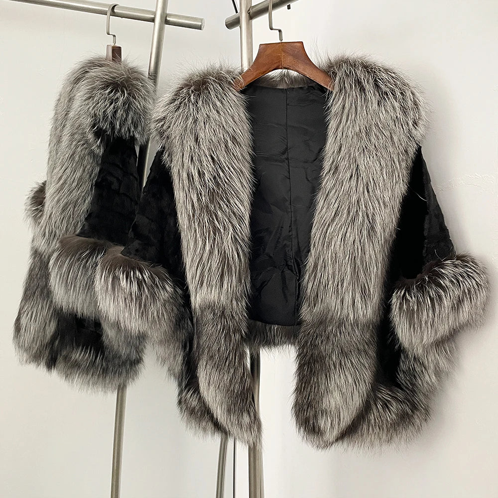 OFTBUY New Winter Thickened Warm Clothes Women Natural Mink Fur Cape Coat Female Real Fox Fur Sleeveless Shawl Jacket Outerwear