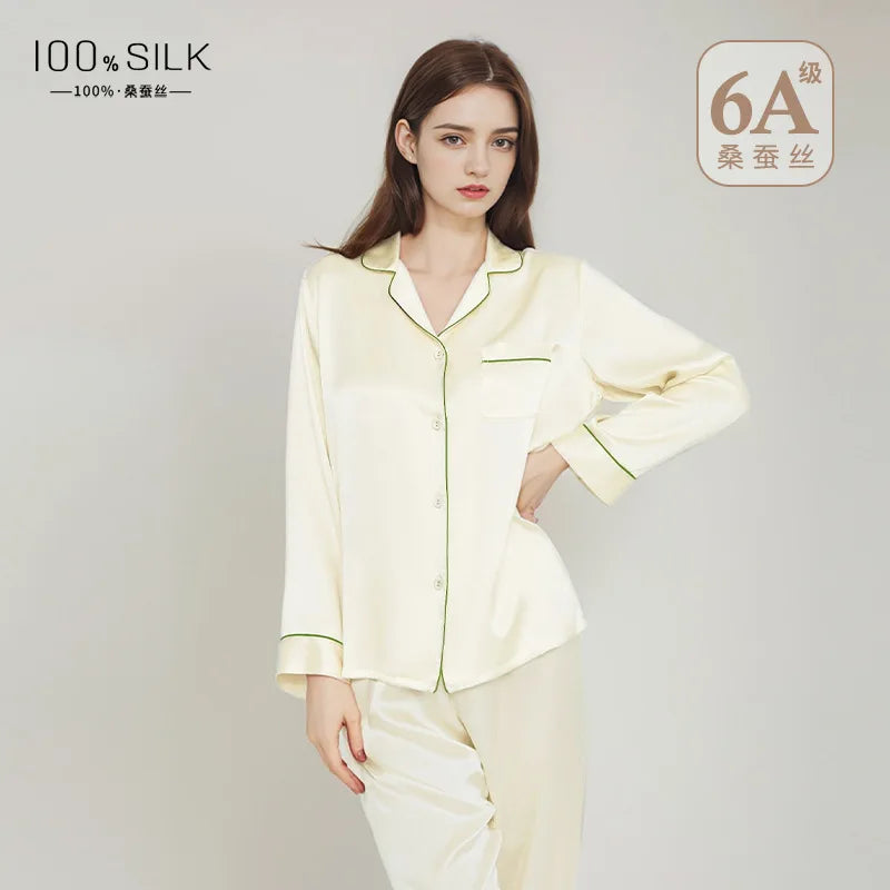 Summer New Real Silk Pajamas Women's Long-sleeved Trousers 100% Mulberry Silk Cool Home Clothes Suit 2 PCS Solid Color Sleepwear