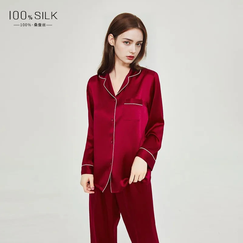 Summer New Real Silk Pajamas Women's Long-sleeved Trousers 100% Mulberry Silk Cool Home Clothes Suit 2 PCS Solid Color Sleepwear