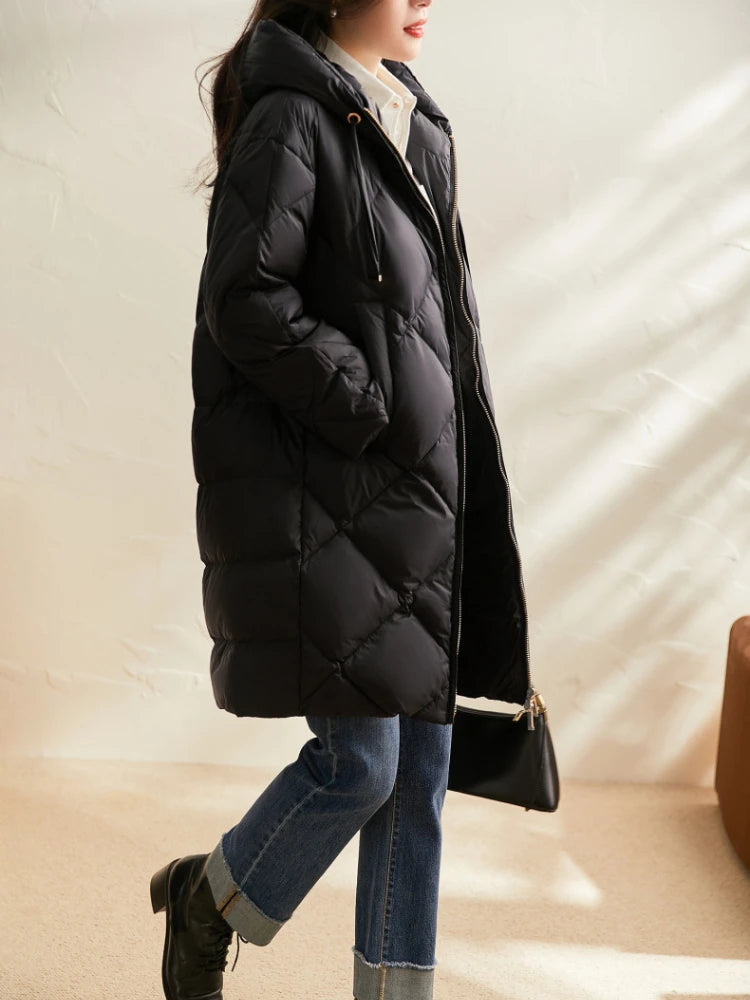 Winter New Puffer Coats Jackets for Women Simple Solid Quilted Hooded Outerwears Thick Loose Warm Mid-length Women's Down Jacket