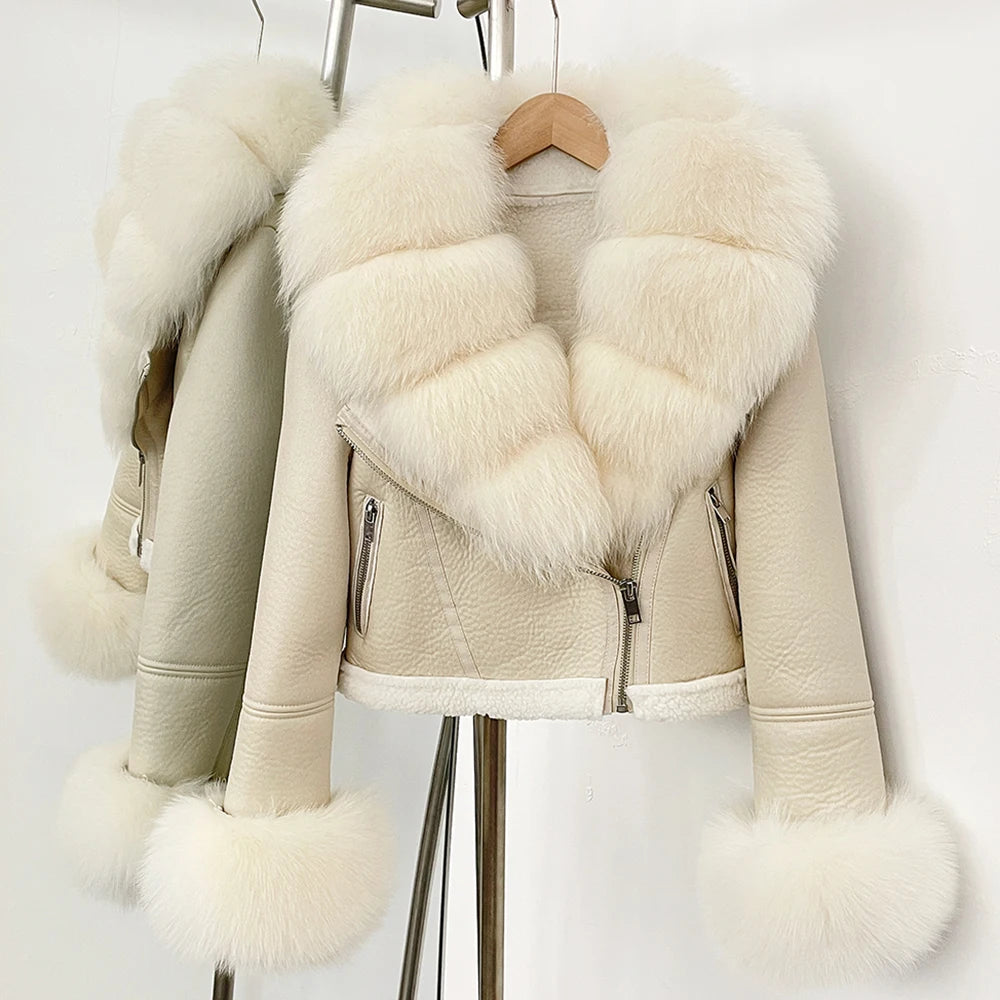 Reality Fur Jacket Winter Real Fur Cuffs Clothes Women Short Faux Leather Fake Fur Inner Jacket Female Thick Warm Fox Fur Coat